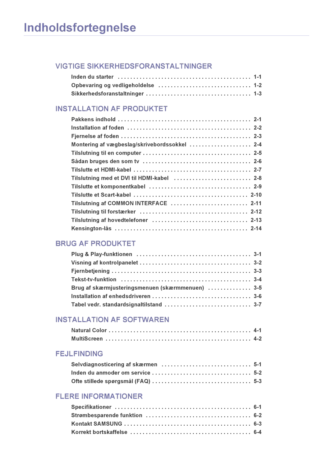 Samsung LS27EMDKU/XE, LS24EMDKU/XE manual Indholdsfortegnelse, Natural Color -1 MultiScreen 
