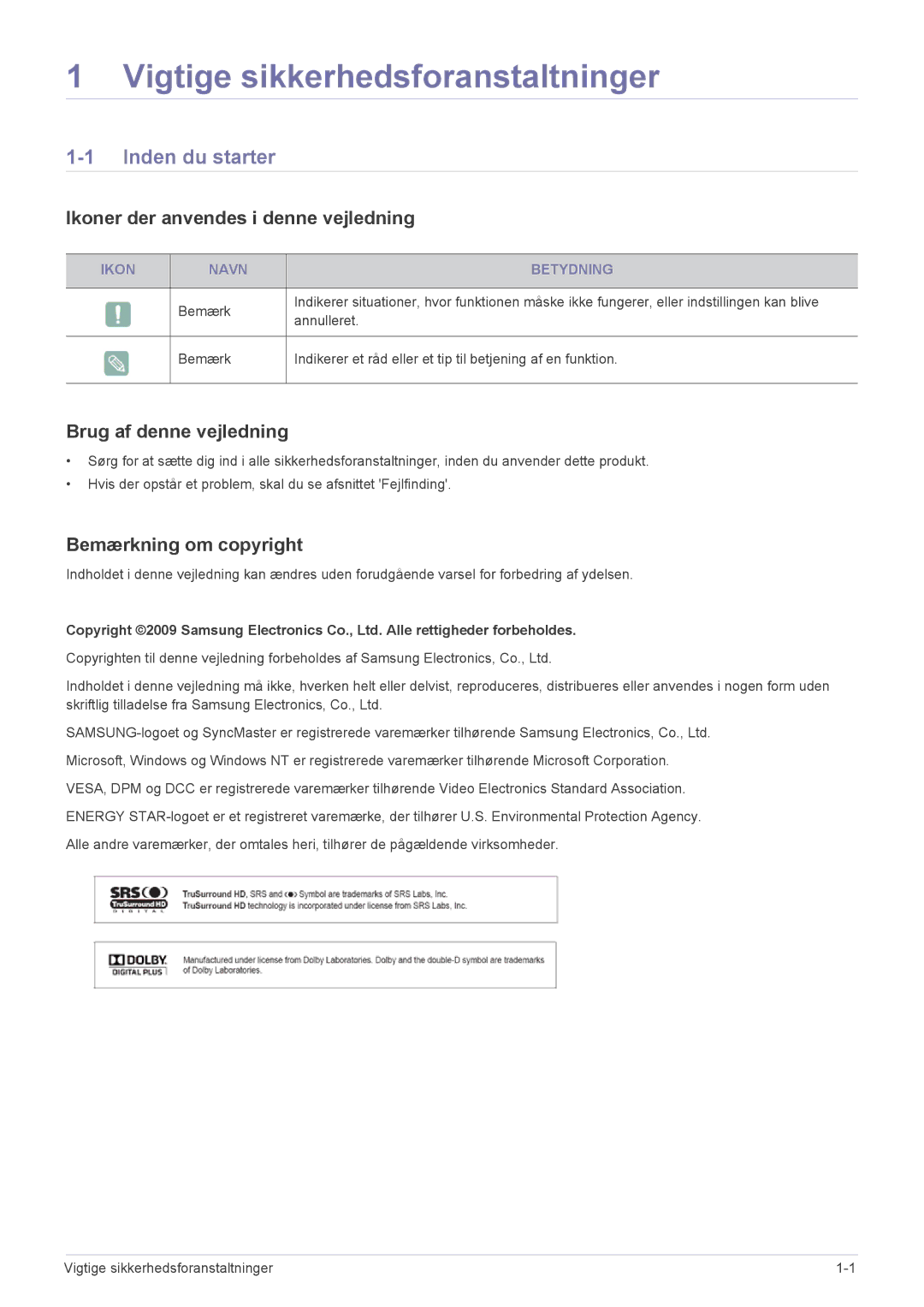 Samsung LS24EMDKU/XE, LS27EMDKU/XE manual Inden du starter, Ikoner der anvendes i denne vejledning, Brug af denne vejledning 