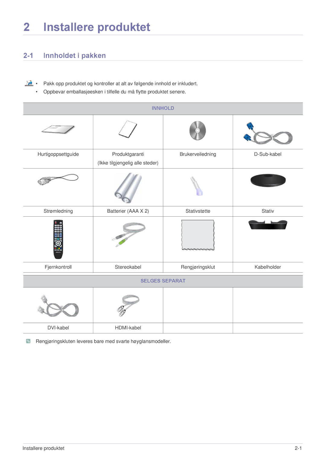 Samsung LS24EMDKU/XE, LS27EMDKU/XE manual Innholdet i pakken, Selges Separat 