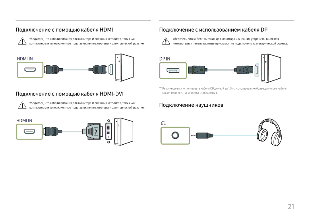 Samsung LS27H650FDUXEN Подключение с помощью кабеля Hdmi, Подключение с помощью кабеля HDMI-DVI, Подключение наушников 