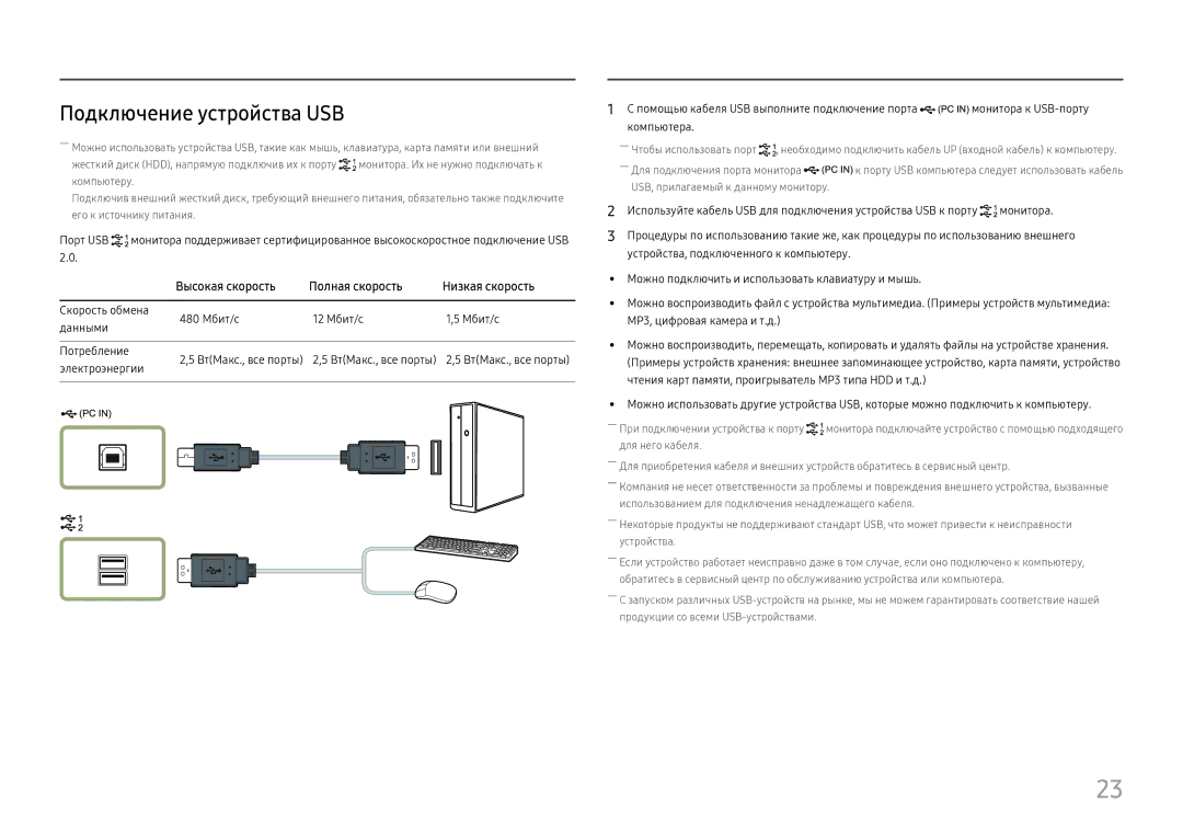 Samsung LS24H650GDIXCI manual Подключение устройства USB, Скорость обмена 480 Мбит/с 12 Мбит/с Данными Потребление 