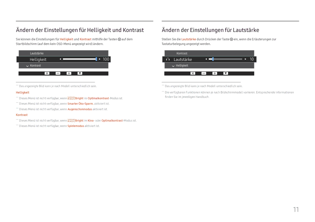 Samsung LS27H650FDUXEN manual Ändern der Einstellungen für Helligkeit und Kontrast, Ändern der Einstellungen für Lautstärke 