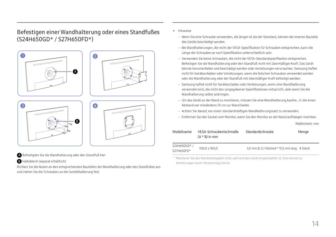 Samsung LS27H650FDUXEN manual Modellname VESA-Schraubenlochmaße Standardschraube Menge 