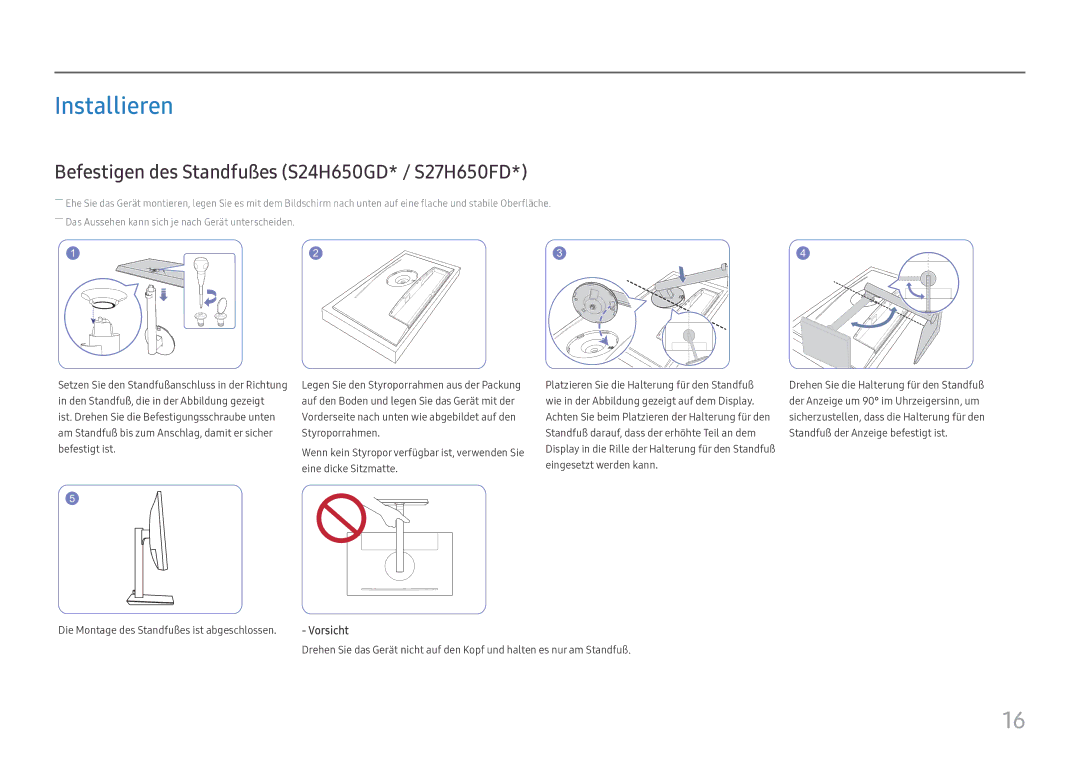 Samsung LS27H650FDUXEN manual Installieren, Befestigen des Standfußes S24H650GD* / S27H650FD 