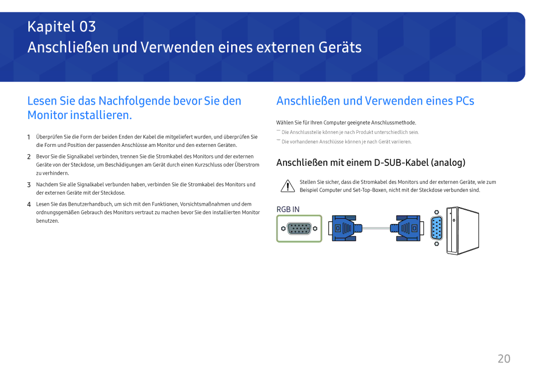 Samsung LS27H650FDUXEN manual Anschließen und Verwenden eines externen Geräts, Anschließen und Verwenden eines PCs 