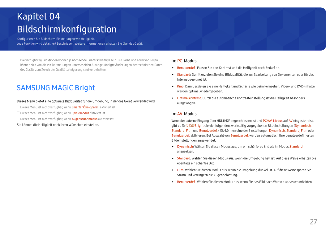 Samsung LS27H650FDUXEN manual Bildschirmkonfiguration, Samsung Magic Bright 