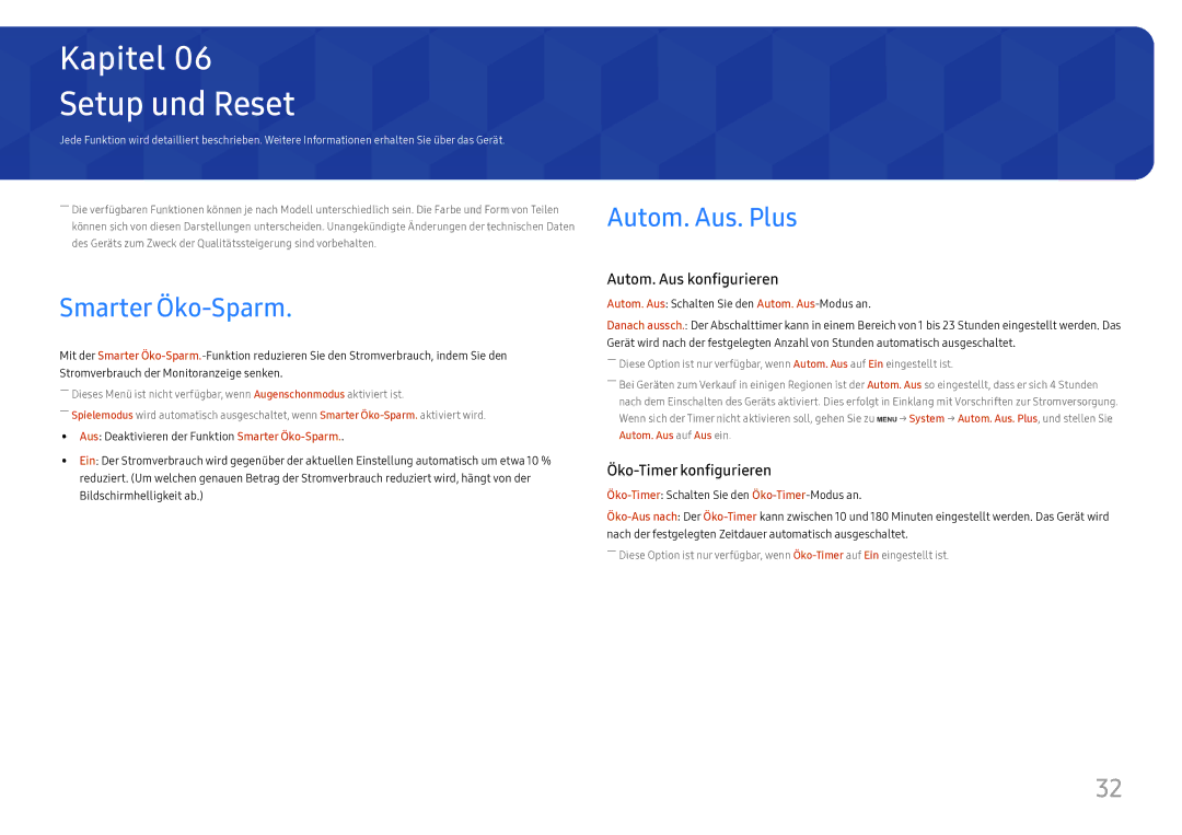 Samsung LS27H650FDUXEN manual Setup und Reset, Smarter Öko-Sparm, Autom. Aus. Plus 