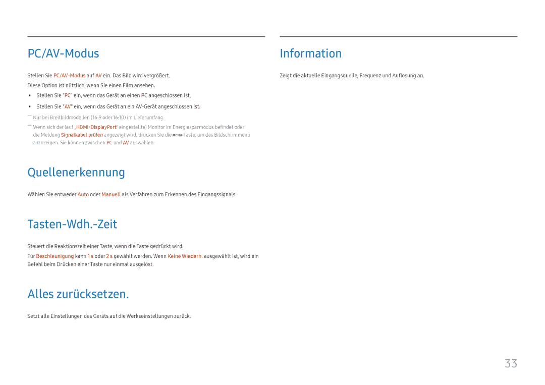 Samsung LS27H650FDUXEN manual PC/AV-Modus, Quellenerkennung, Tasten-Wdh.-Zeit, Alles zurücksetzen 