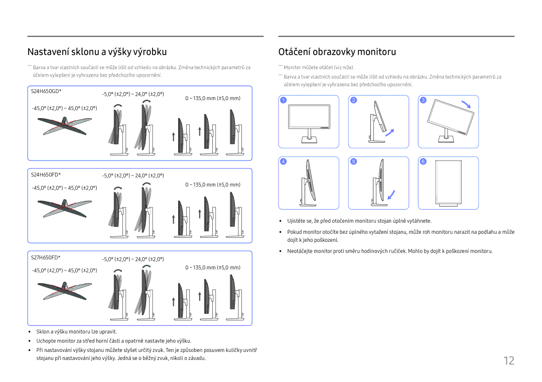Samsung LS27H650FDUXEN manual Nastavení sklonu a výšky výrobku, Otáčení obrazovky monitoru 