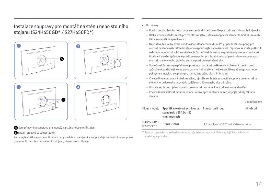 Samsung LS27H650FDUXEN manual Standardní šroub Množství Standardu Vesa a * B Milimetrech 