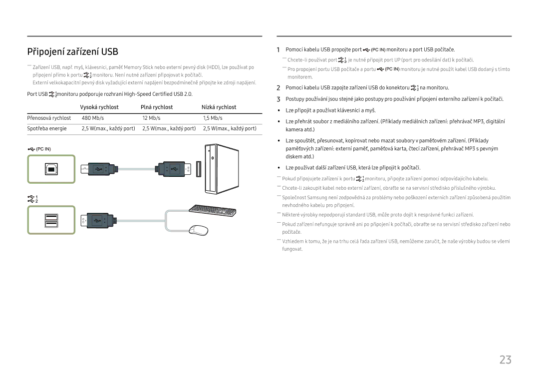 Samsung LS27H650FDUXEN manual Připojení zařízení USB, Vysoká rychlost Plná rychlost Nízká rychlost 