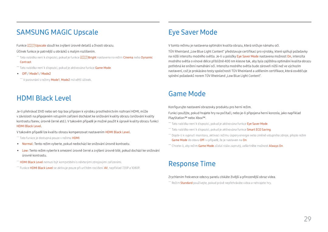 Samsung LS27H650FDUXEN manual Samsung Magic Upscale, Eye Saver Mode, Hdmi Black Level, Game Mode, Response Time 