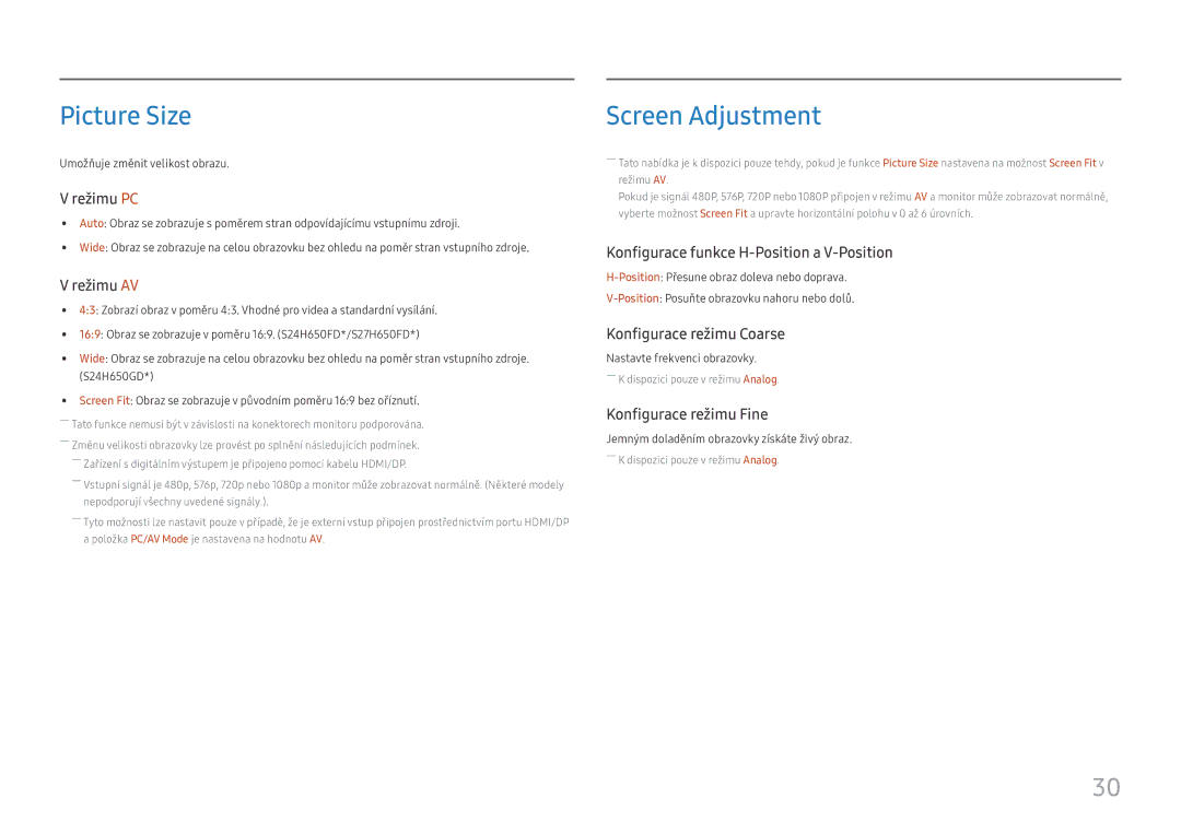 Samsung LS27H650FDUXEN manual Picture Size, Screen Adjustment 