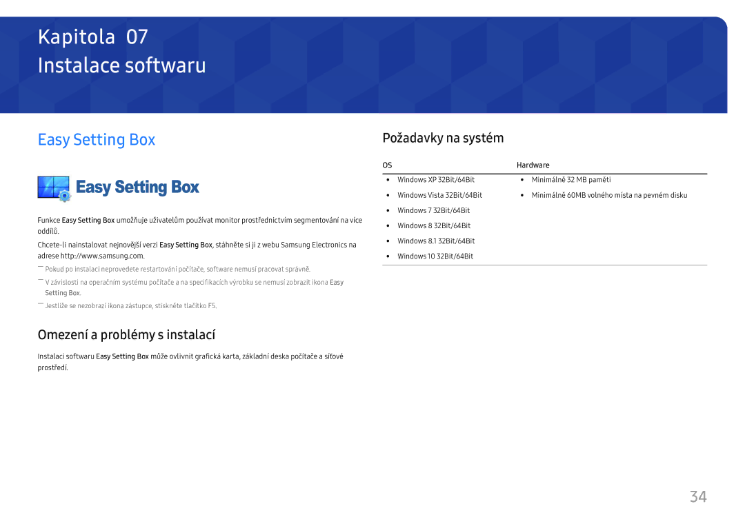Samsung LS27H650FDUXEN manual Instalace softwaru, Easy Setting Box, Omezení a problémy s instalací, Požadavky na systém 