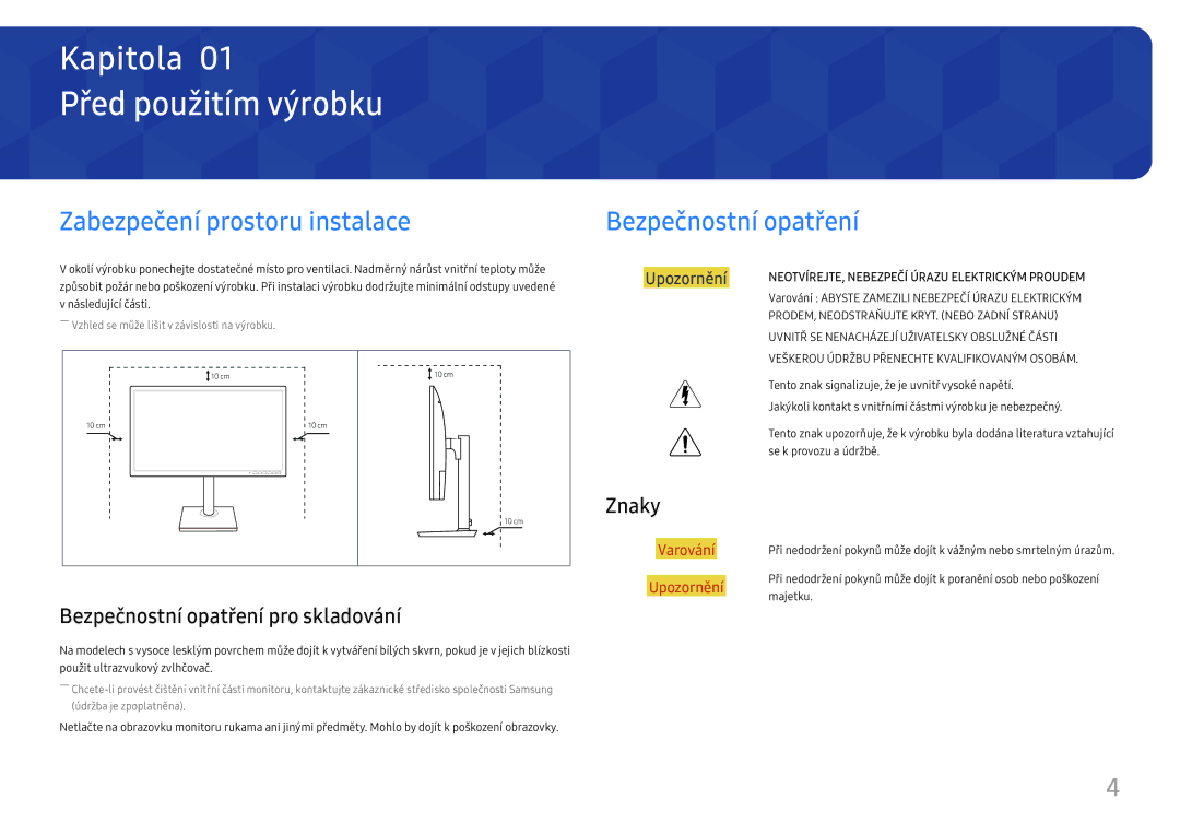 Samsung LS27H650FDUXEN manual Před použitím výrobku, Zabezpečení prostoru instalace, Bezpečnostní opatření, Znaky 