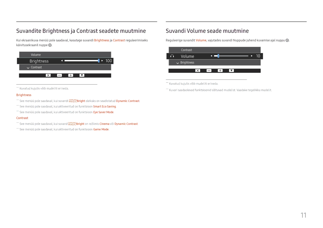 Samsung LS27H650FDUXEN manual Suvandite Brightness ja Contrast seadete muutmine, Suvandi Volume seade muutmine 