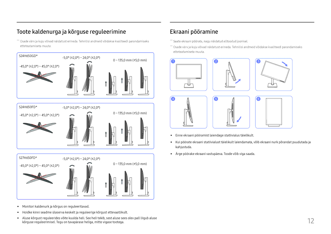 Samsung LS27H650FDUXEN manual Toote kaldenurga ja kõrguse reguleerimine, Ekraani pööramine 