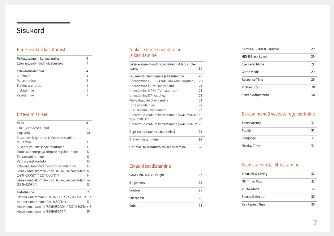 Samsung LS27H650FDUXEN manual Sisukord 