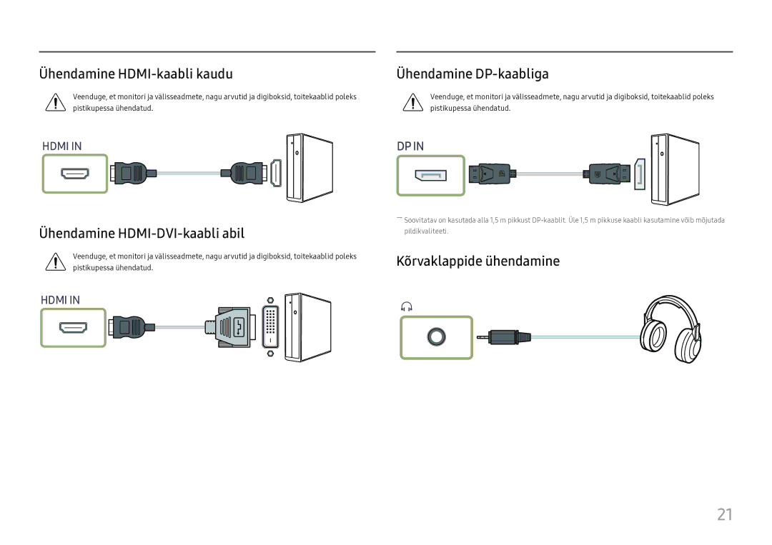 Samsung LS27H650FDUXEN manual Ühendamine HDMI-kaabli kaudu, Ühendamine HDMI-DVI-kaabli abil, Kõrvaklappide ühendamine 