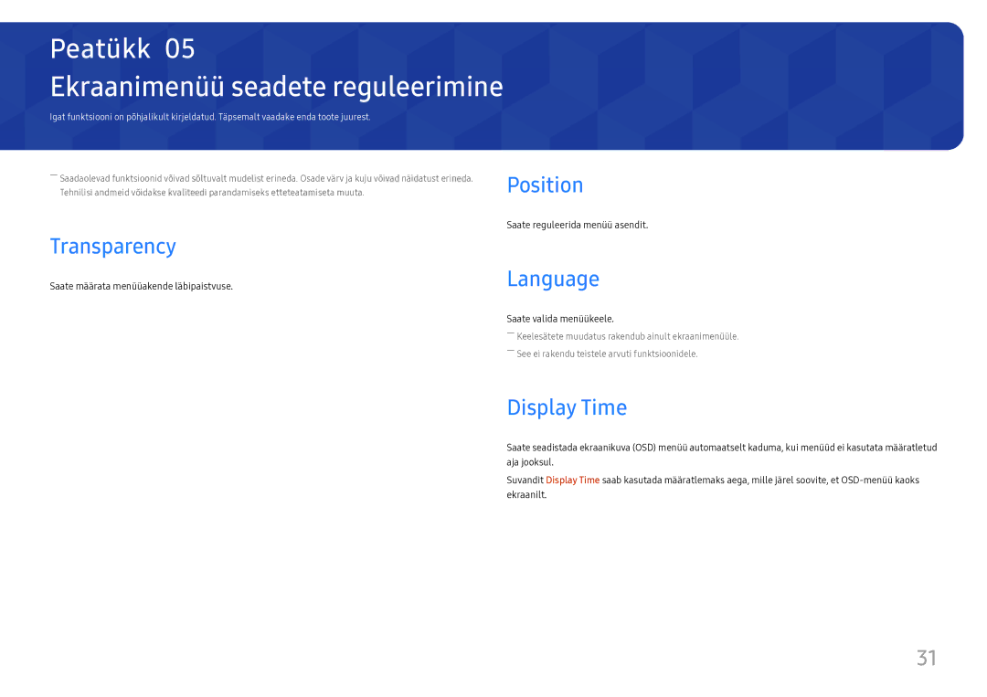 Samsung LS27H650FDUXEN manual Ekraanimenüü seadete reguleerimine, Position, Transparency, Language, Display Time 