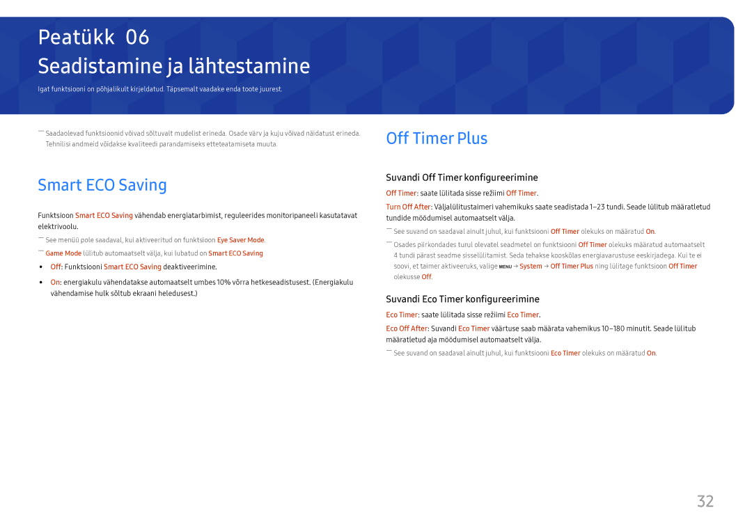 Samsung LS27H650FDUXEN manual Seadistamine ja lähtestamine, Smart ECO Saving, Off Timer Plus 