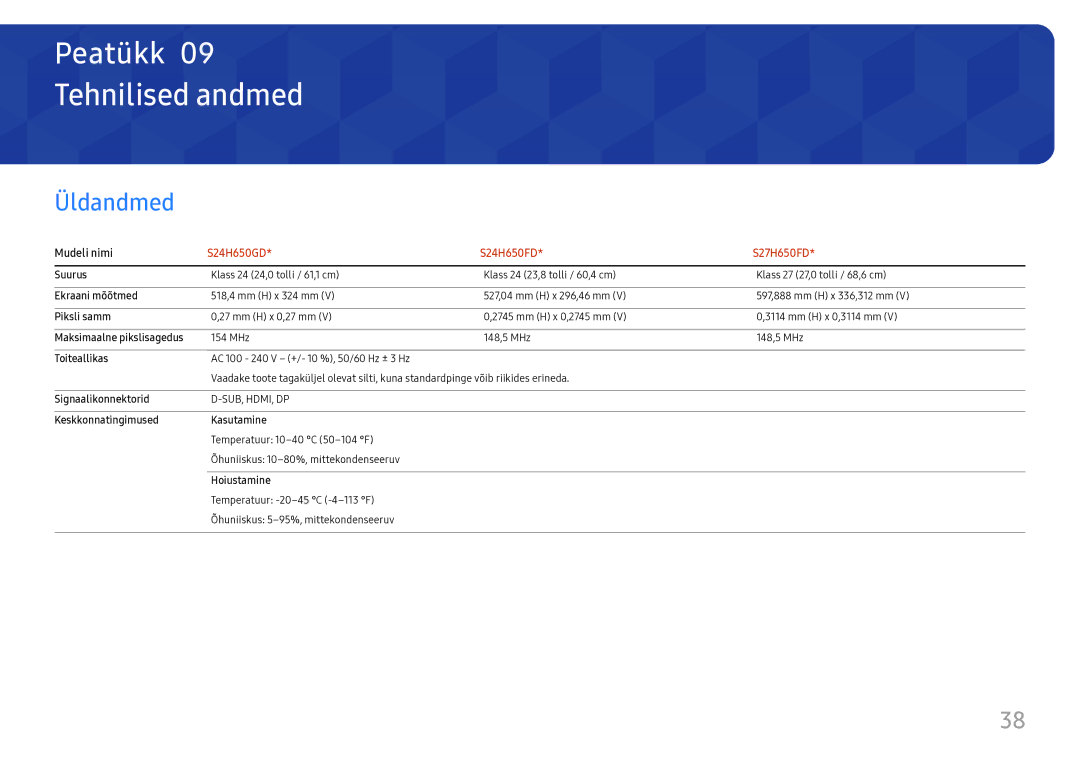 Samsung LS27H650FDUXEN manual Tehnilised andmed, Üldandmed 