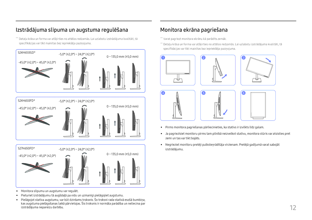 Samsung LS27H650FDUXEN manual Izstrādājuma slīpuma un augstuma regulēšana, Monitora ekrāna pagriešana 