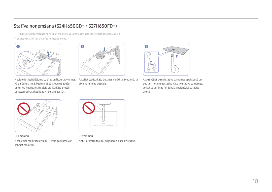 Samsung LS27H650FDUXEN manual Statīva noņemšana S24H650GD* / S27H650FD 