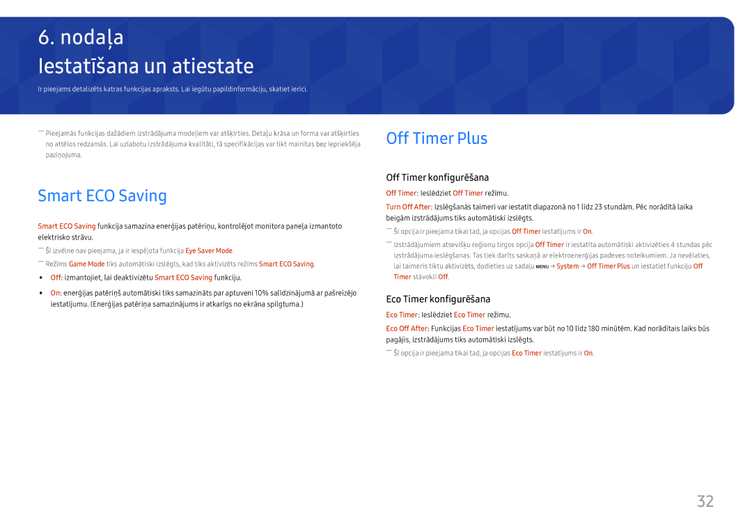 Samsung LS27H650FDUXEN manual Iestatīšana un atiestate, Smart ECO Saving, Off Timer Plus 