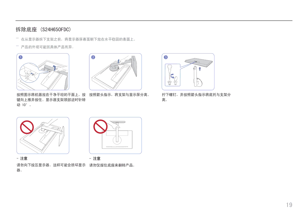 Samsung LS27H650FDUXEN manual 拆除底座 S24H650FDC 