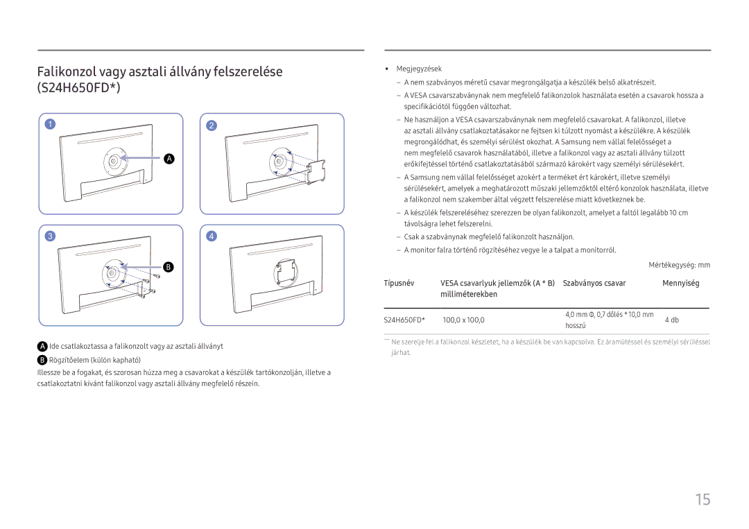 Samsung LS27H650FDUXEN manual Falikonzol vagy asztali állvány felszerelése S24H650FD 