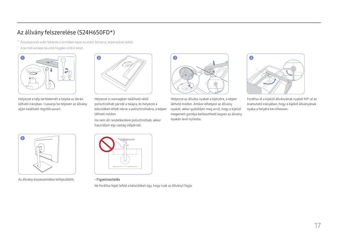 Samsung LS27H650FDUXEN manual Az állvány felszerelése S24H650FD 