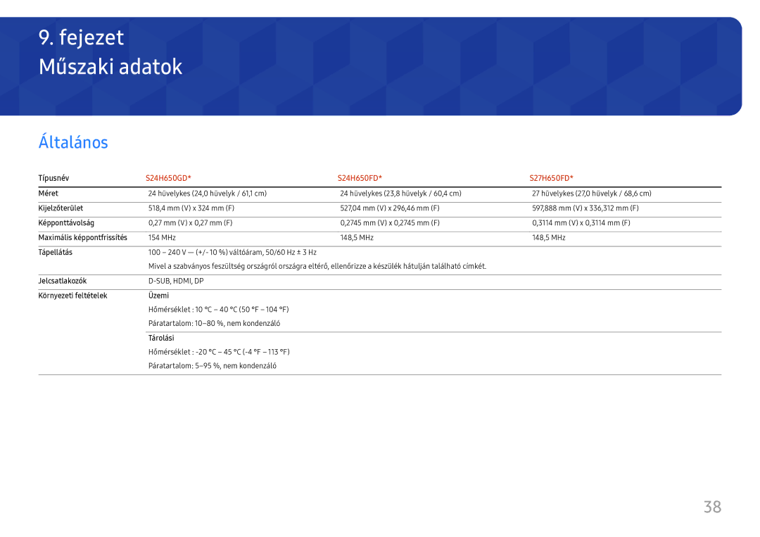 Samsung LS27H650FDUXEN manual Műszaki adatok, Általános 