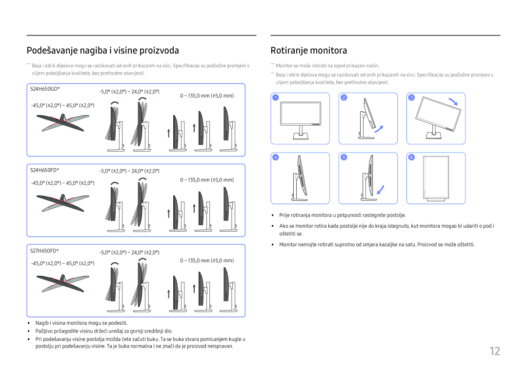 Samsung LS27H650FDUXEN manual Podešavanje nagiba i visine proizvoda, Rotiranje monitora 