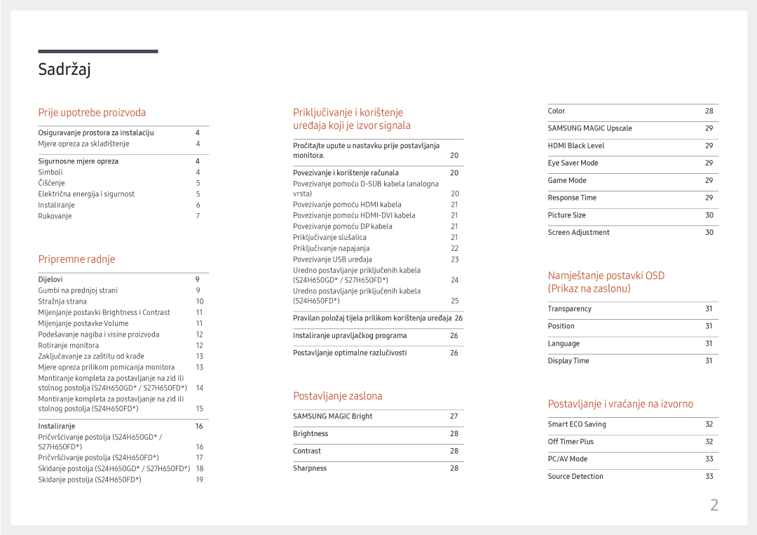 Samsung LS27H650FDUXEN manual Sadržaj 