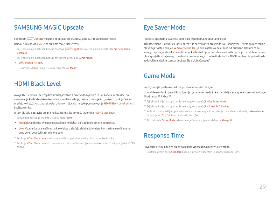 Samsung LS27H650FDUXEN manual Samsung Magic Upscale, Hdmi Black Level, Eye Saver Mode, Game Mode, Response Time 