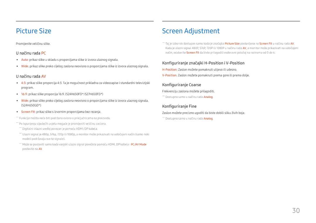 Samsung LS27H650FDUXEN manual Picture Size, Screen Adjustment 