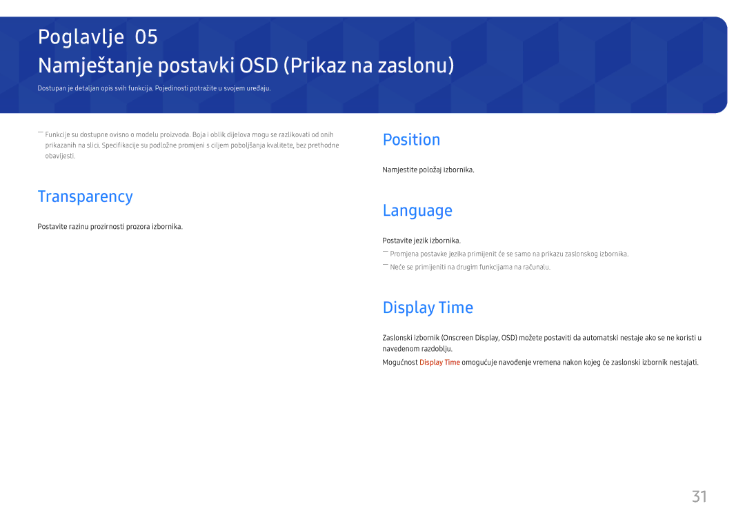 Samsung LS27H650FDUXEN manual Namještanje postavki OSD Prikaz na zaslonu, Position, Transparency, Language, Display Time 