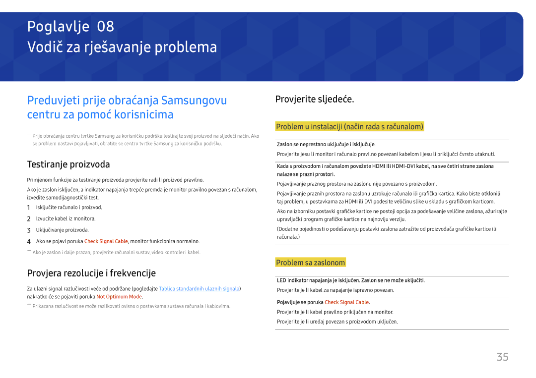 Samsung LS27H650FDUXEN manual Vodič za rješavanje problema, Testiranje proizvoda, Provjera rezolucije i frekvencije 