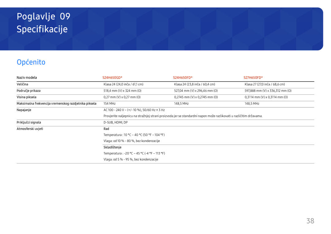 Samsung LS27H650FDUXEN manual Specifikacije, Općenito 