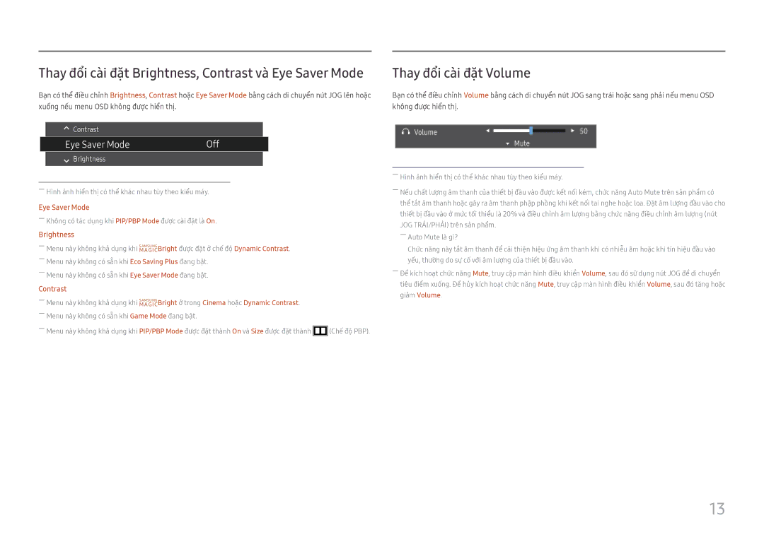 Samsung LS27H850QFEXXV manual Thay đổi cà̀i đặt Volume, Thay đổi cà̀i đặt Brightness, Contrast và̀ Eye Saver Mode 