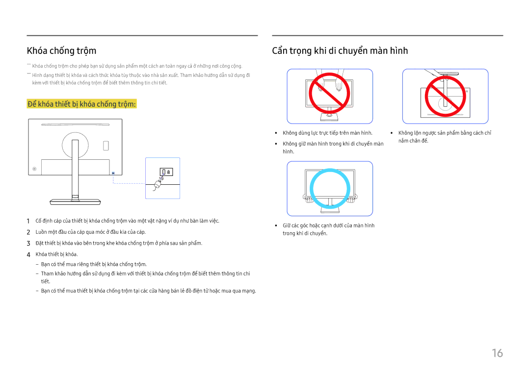 Samsung LS27H850QFEXXV Khó́a chố́ng trộm, Cẩ̉n trọng khi di chuyể̉n mà̀n hình, Để̉ khó́a thiế́t bị̣ khó́a chố́ng trộm 