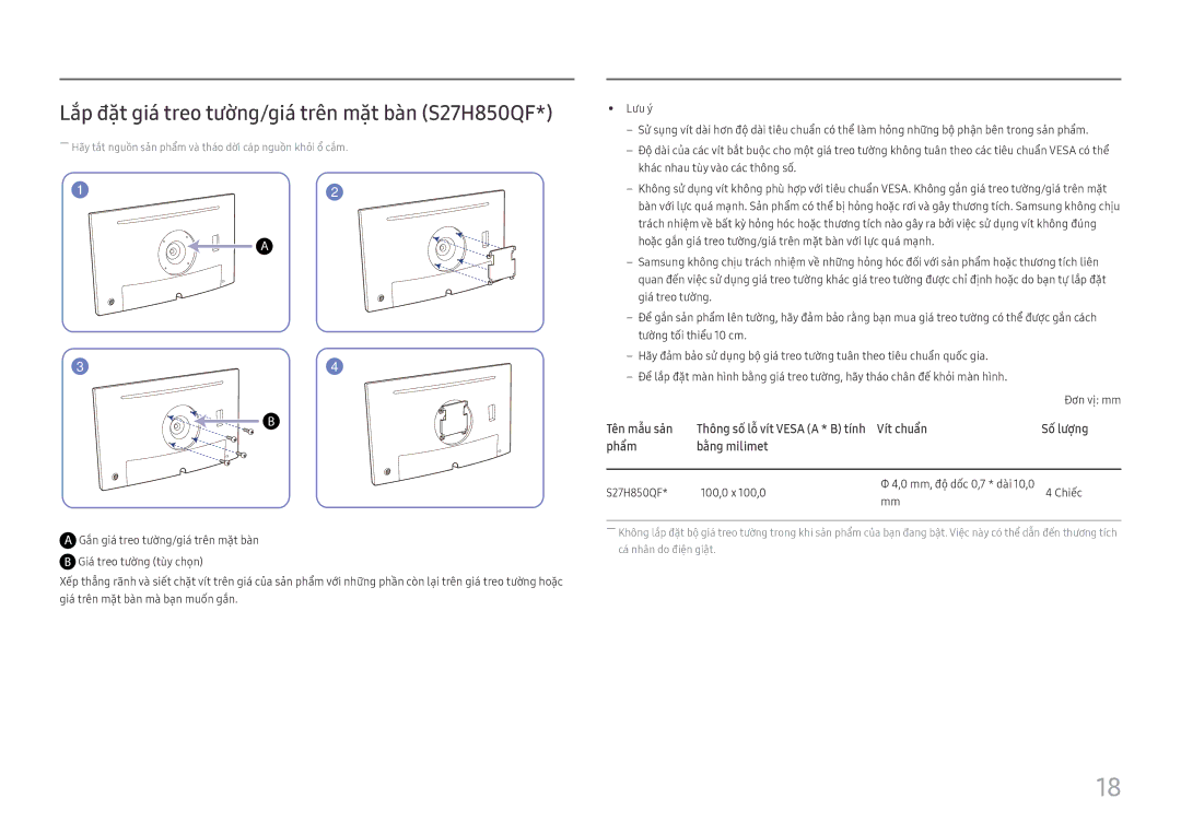 Samsung LS27H850QFEXXV manual Lắp đặt giá treo tường/gia trên măt bàn S27H850QF 