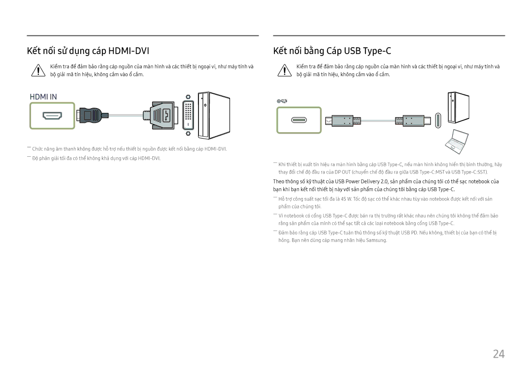 Samsung LS27H850QFEXXV manual Kế́t nố́i sử dụng cáp HDMI-DVI, Kế́t nố́i bằ̀ng Cáp USB Type-C 