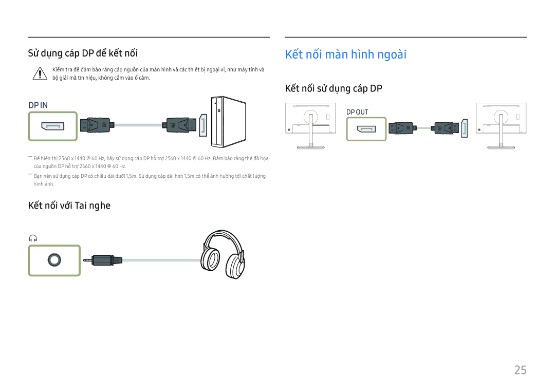 Samsung LS27H850QFEXXV manual Sử dụng cáp DP để̉ kế́t nố́i, Kế́t nố́i sử dụng cáp DP, Kế́t nố́i với Tai nghe 