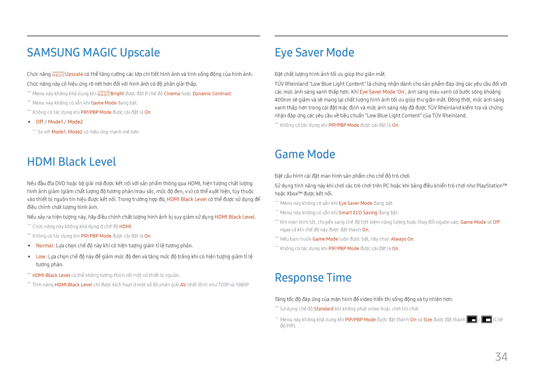 Samsung LS27H850QFEXXV manual Samsung Magic Upscale, Eye Saver Mode, Hdmi Black Level, Game Mode, Response Time 