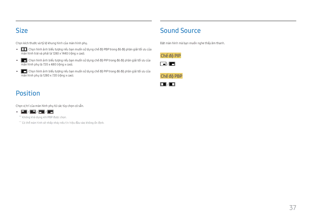 Samsung LS27H850QFEXXV manual Size, Position, Sound Source, Chế́ độ PIP Chế́ độ PBP 