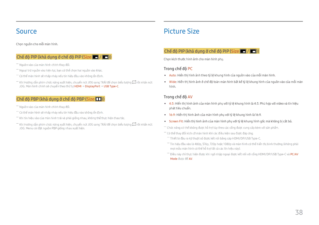 Samsung LS27H850QFEXXV manual Source, Chế́ độ PIP khả dụng ở chế́ độ PIP Size, Chế́ độ PBP khả dụng ở chế́ độ PBP Size 