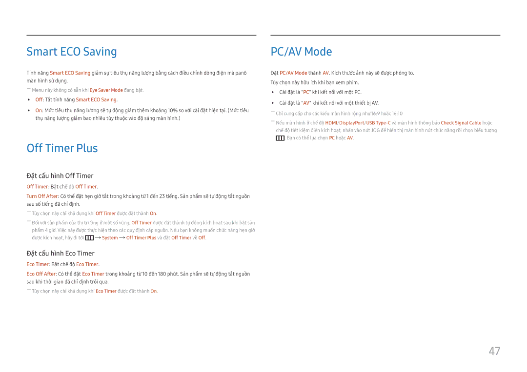 Samsung LS27H850QFEXXV manual Smart ECO Saving, Off Timer Plus, PC/AV Mode 