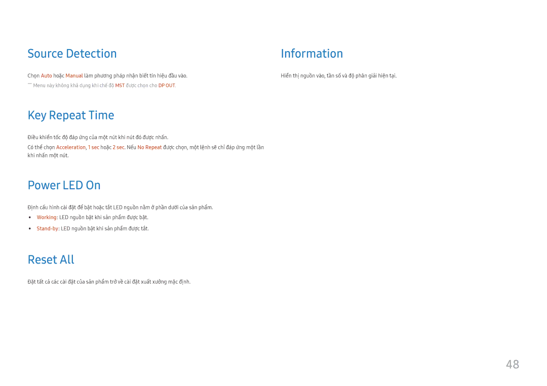 Samsung LS27H850QFEXXV manual Source Detection Information, Key Repeat Time, Power LED On, Reset All 